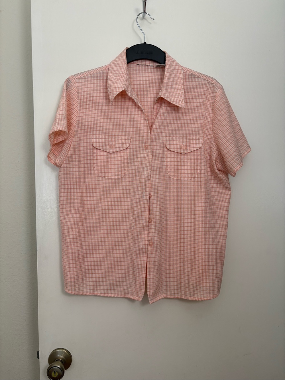 Vintage Peach Check Short Sleeve Button-Up Shirt